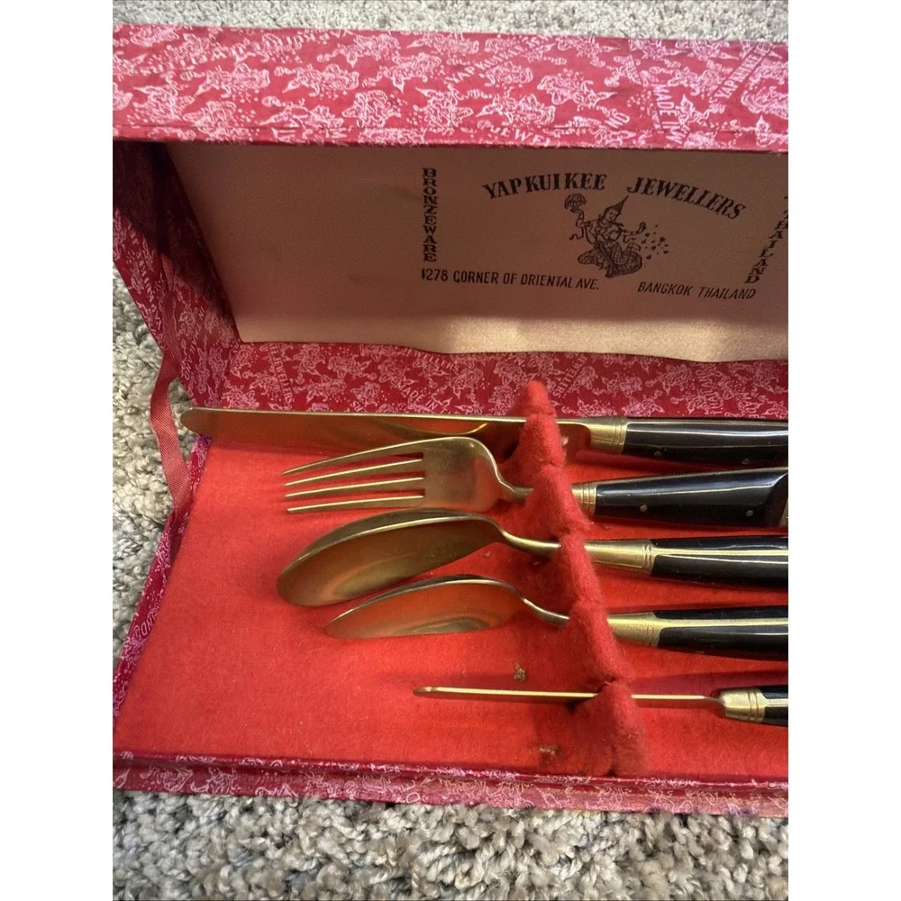 Vintage Yap Kui Kee Jewellers Bronzeware Fork Knife SpoSet Y. Thailand 1950s NOS